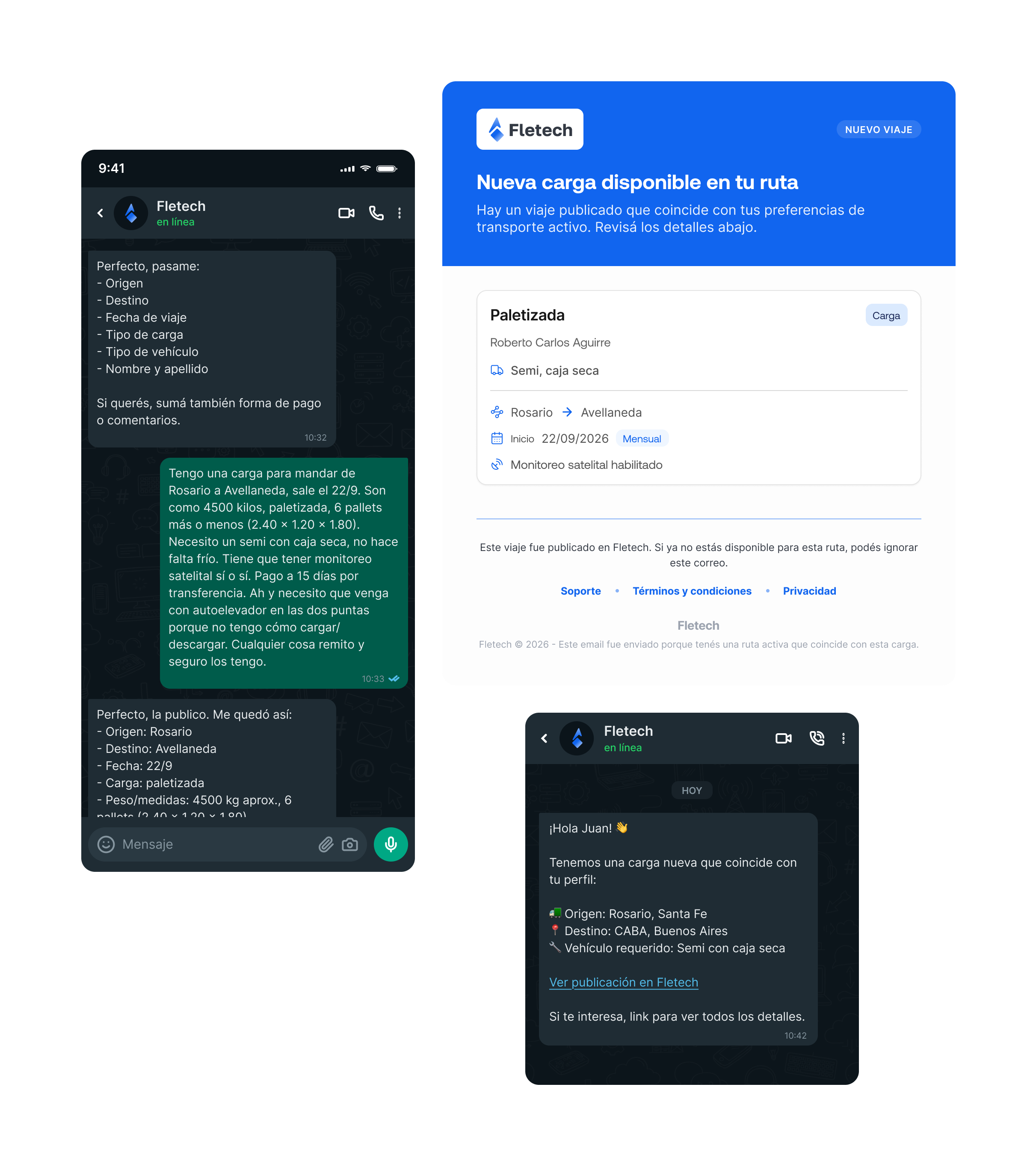 Fletech WhatsApp onboarding and cargo-match messages alongside a matching cargo notification.