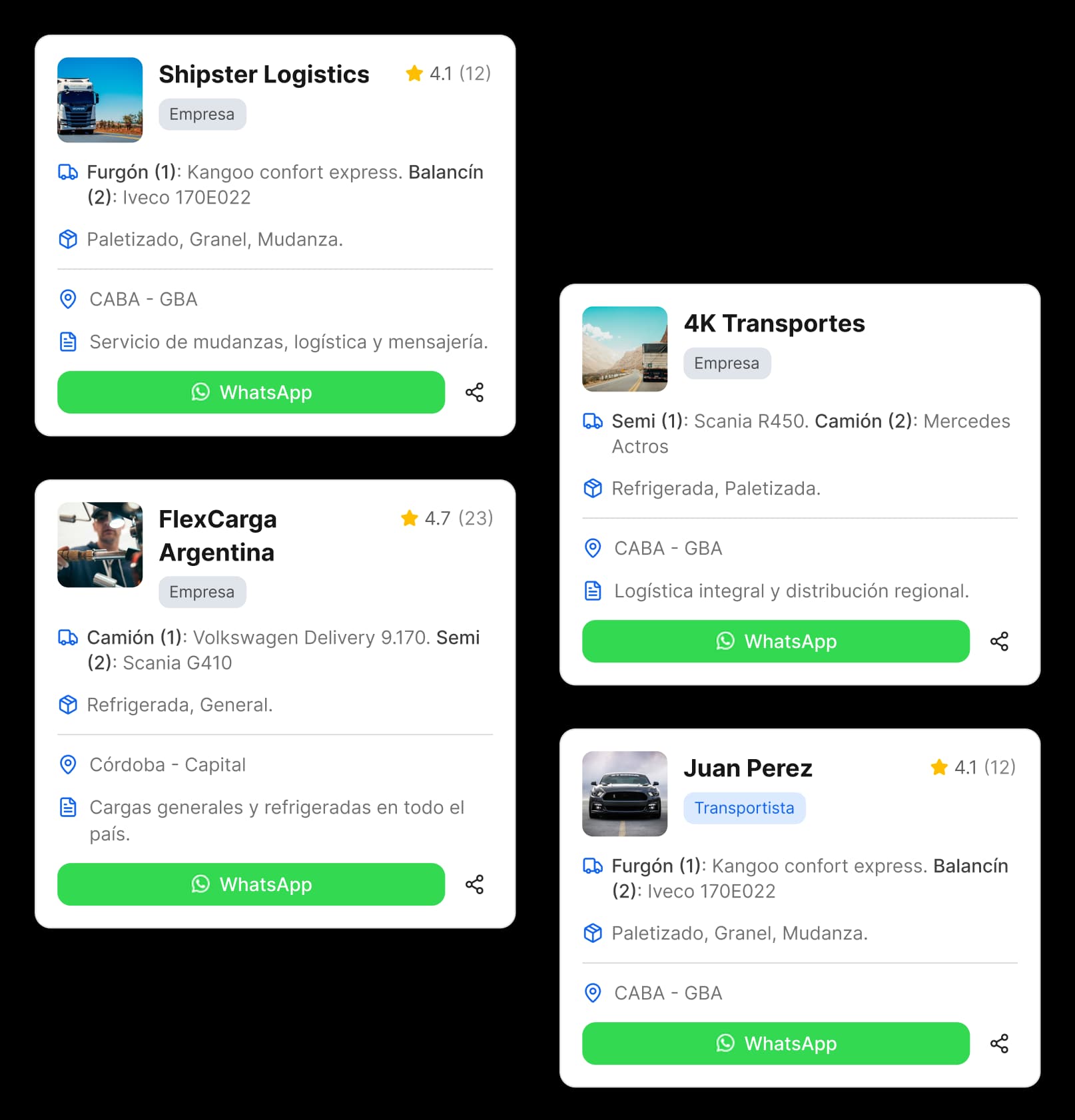 Fletech company and transport profiles with vehicles, cargo types, service zones and WhatsApp contact actions.