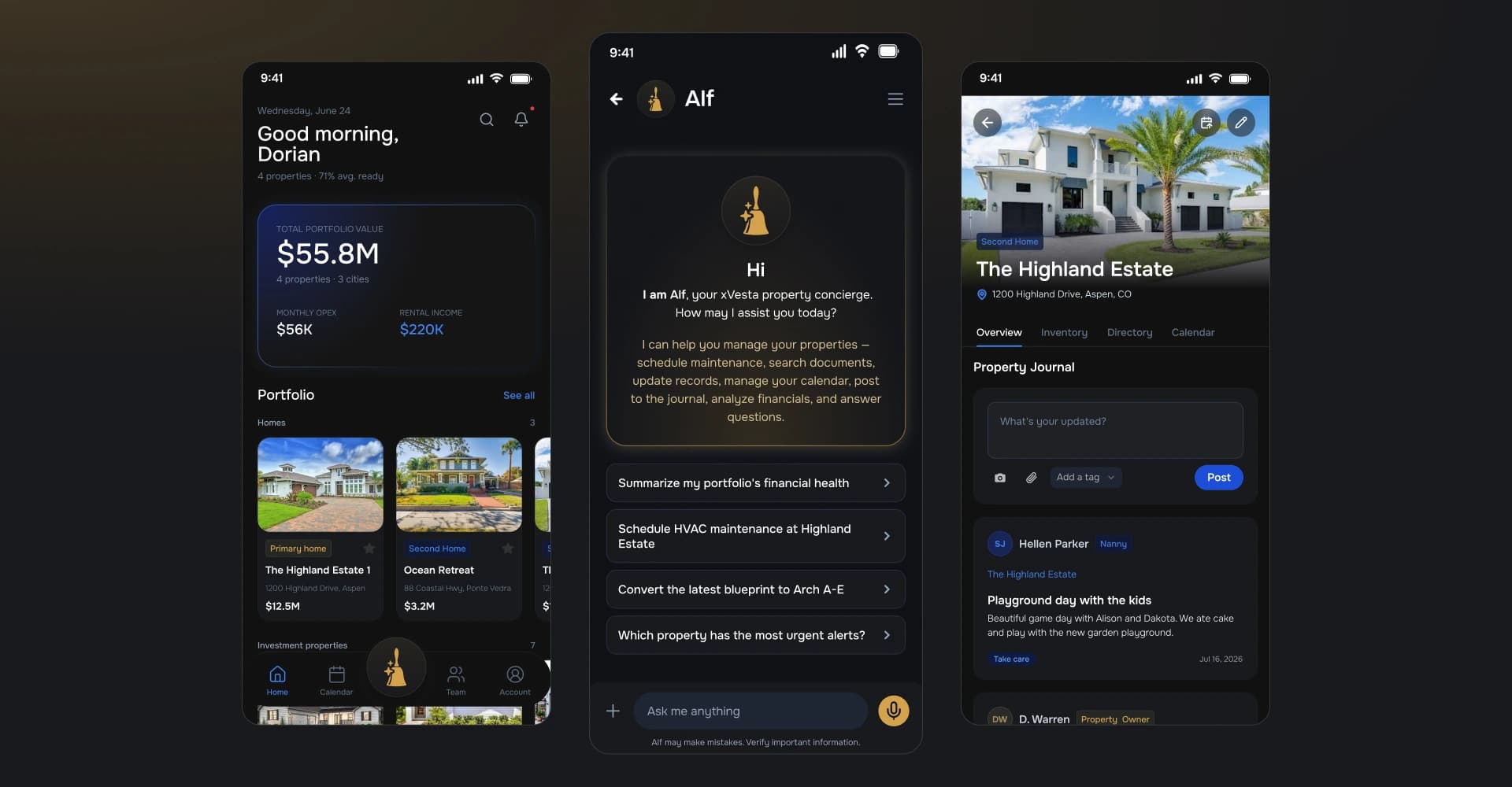 Three xVesta product screens show the home dashboard, Alf assistant and a property record.