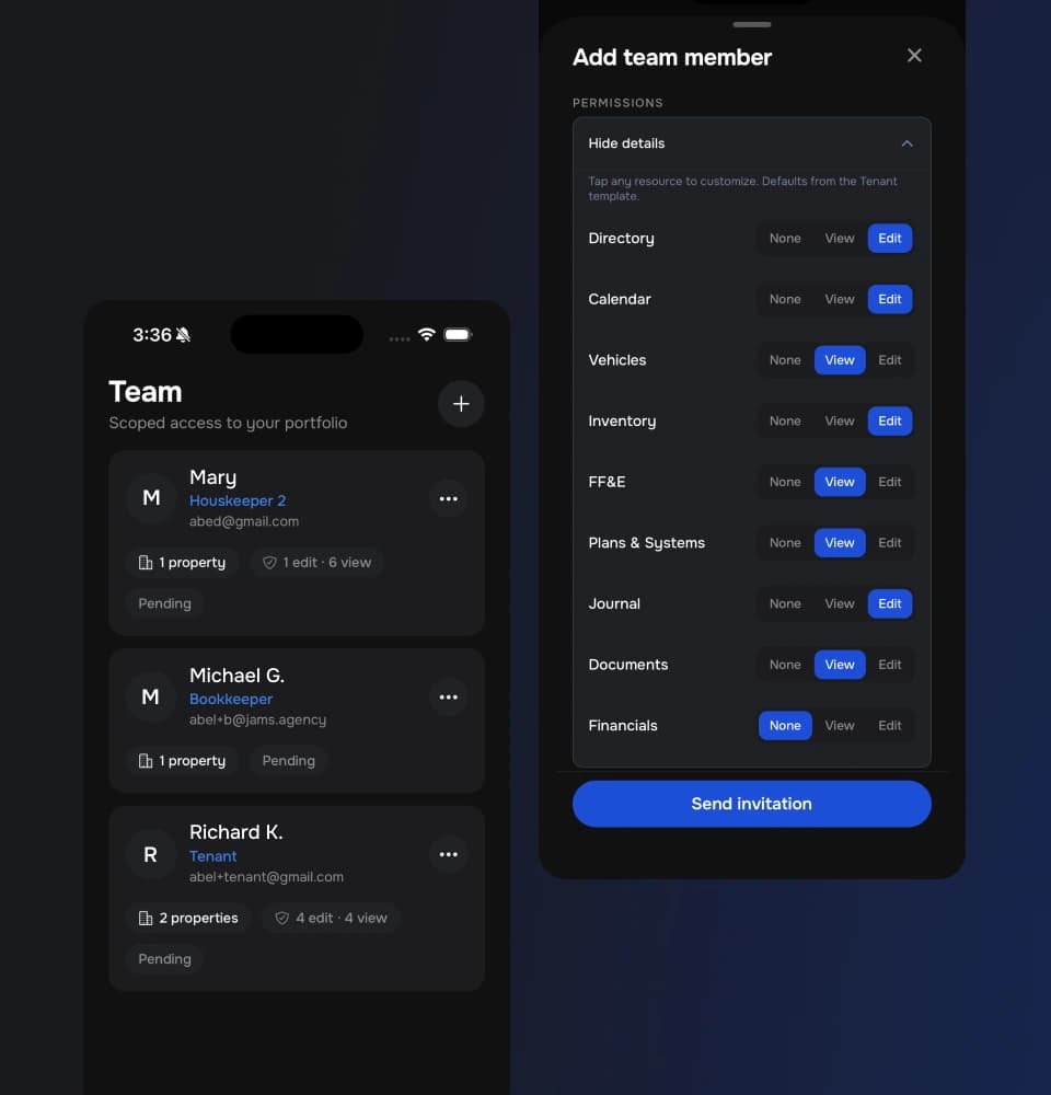 xVesta team management shows members, roles and resource permissions.
